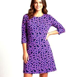 MAHI GOLD Annie Off the Grid Purple Geometric Print 3/4 Sleeves Stretch Dress
